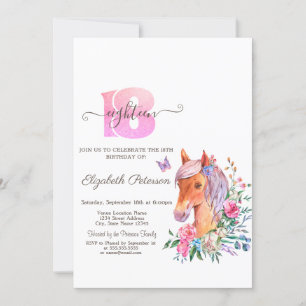 Watercolor Blumenpony 18. Geburtstag Einladung