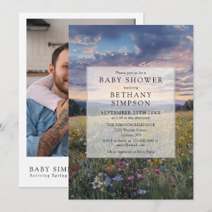 Watercolor-Blumenwiese-Foto-QR-Code-Baby-Party Einladung