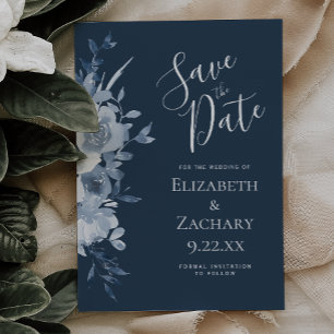 Watercolor Blumige Staubblaue Navy Save-the-Date-K Einladung