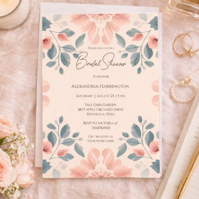 Watercolor Blush and Green Floral Bridal Shower  Einladung (Von Creator hochgeladen)