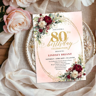 Watercolor Blush Floral Gold 80th Birthday Invite Einladung