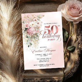 Watercolor Blush Florals Greenery 50th Birthday Einladung