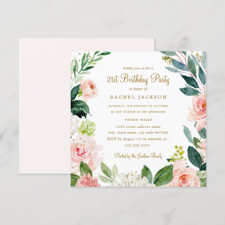 Watercolor Blush Gold Floral 21. Geburtstag Einlad Einladung