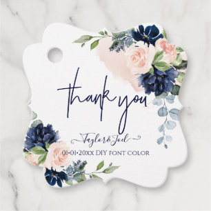 Watercolor Blush Navy Blue Rose Danke, Script Geschenkanhänger