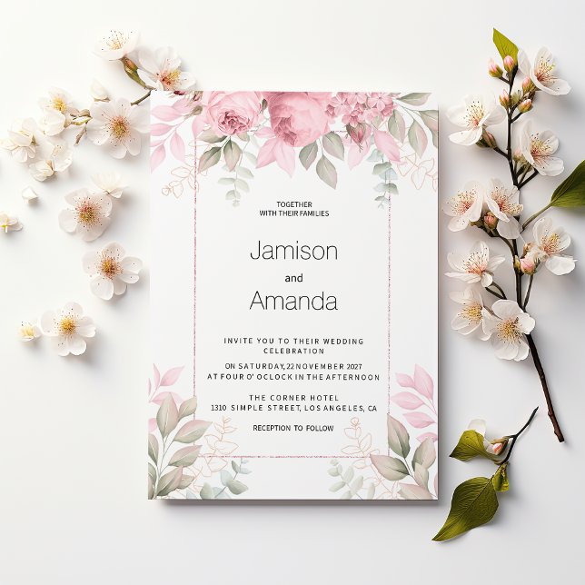 Watercolor blush pink mint white floral Wedding Einladung (Watercolor blush pink mint white floral Wedding)
