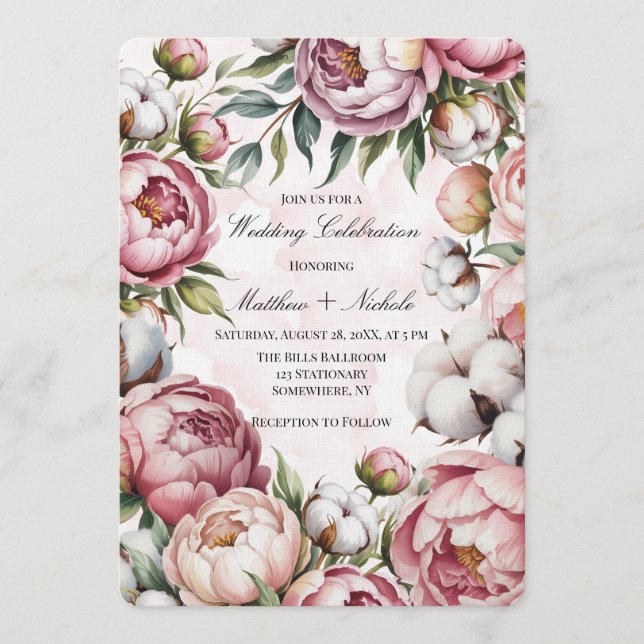 Watercolor Blush Pink Peony and Cotton Wedding  Einladung (Vorderseite)
