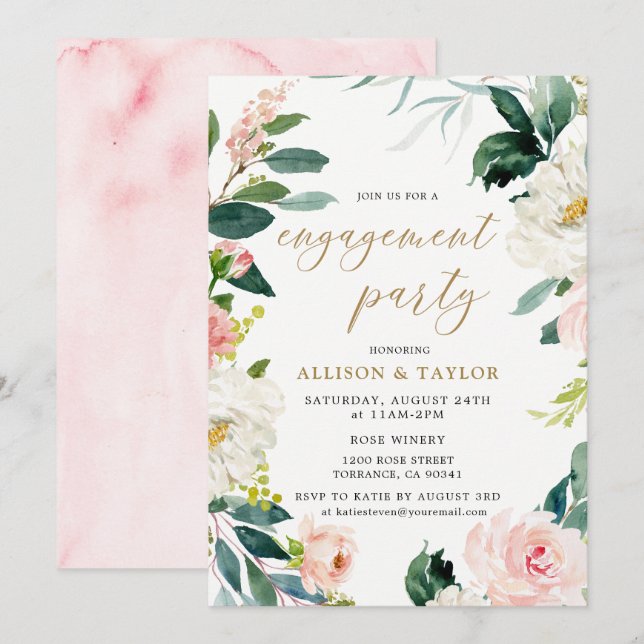 Watercolor Blush Rustikales Engagement Einladung (Vorne/Hinten)