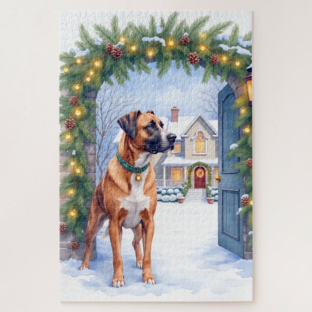 Watercolor Boerboel Farmhouse Gate Christmas Puzzle (Vertikal)
