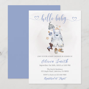 Watercolor Boho Blue Clothes Boy Baby Dusche Einladung