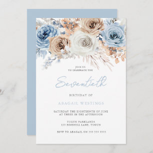 Watercolor Boho Blue Floral 70. Geburtstagsparty Einladung