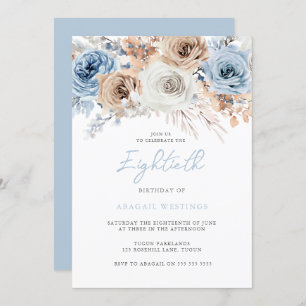Watercolor Boho Blue Floral 80. Geburtstagsparty Einladung