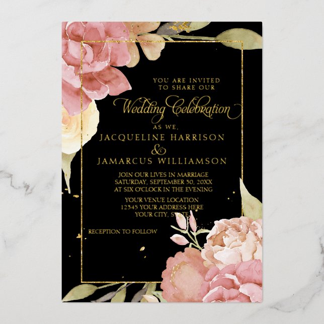 Watercolor Boho Blume Black n Pink Wedding Gold Folieneinladung (Vorderseite)