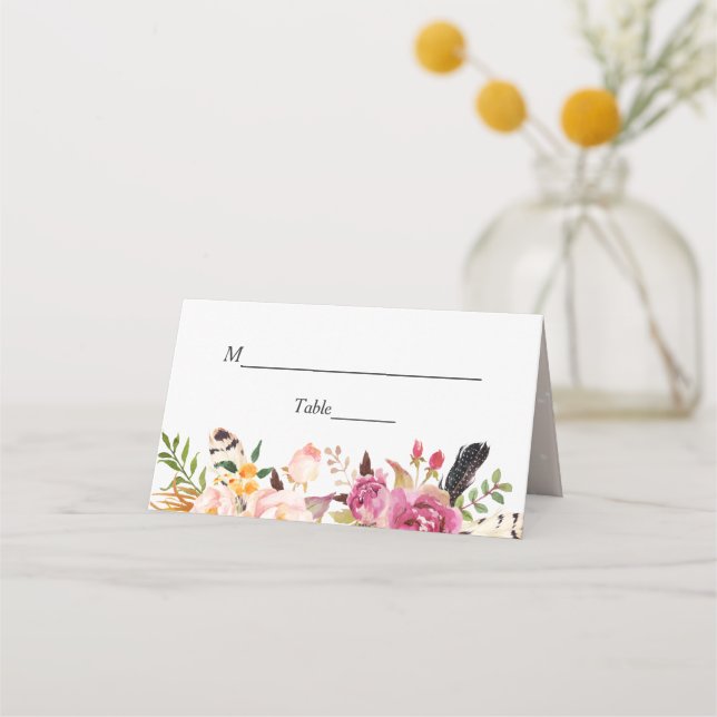 Watercolor Boho Blumenstrauß Hochzeitstisch Platzkarte (Vorderseite)