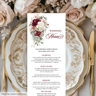Watercolor Boho Burgundy White Wedding Menü Menükarte