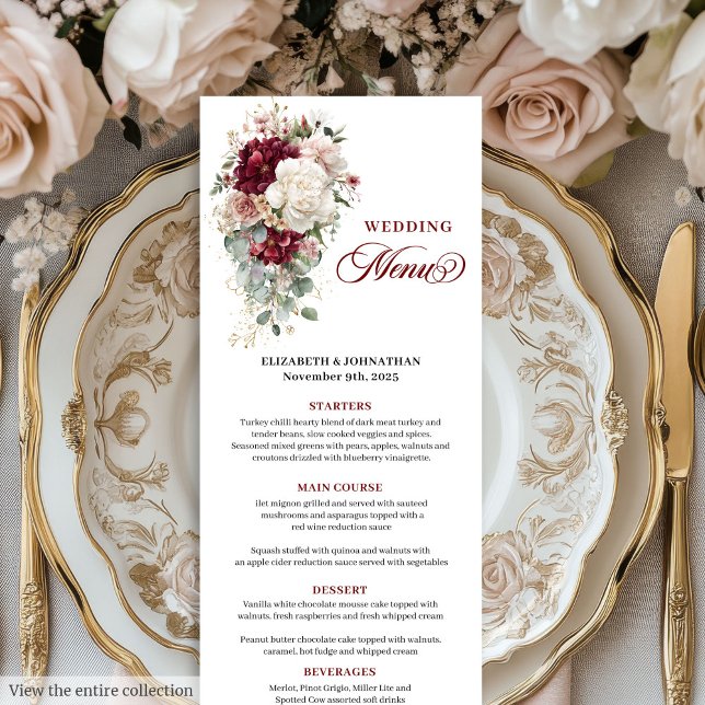 Watercolor Boho Burgundy White Wedding Menü Menükarte (Watercolor Boho Burgundy White Wedding Menu)