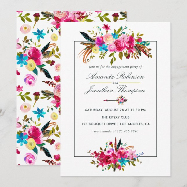 Watercolor Boho Chic Floral Engagement Party Einladung (Vorne/Hinten)