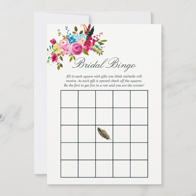 Watercolor Boho Chic Floral Wedding Bridal Bingo (Vorderseite)