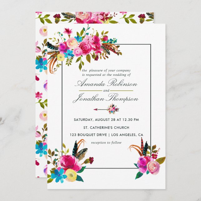 Watercolor Boho Chic Floral Wedding Einladung (Vorne/Hinten)