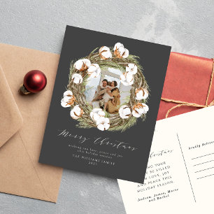 Watercolor Boho Christmas Cotton Wreath One Foto Feiertagspostkarte
