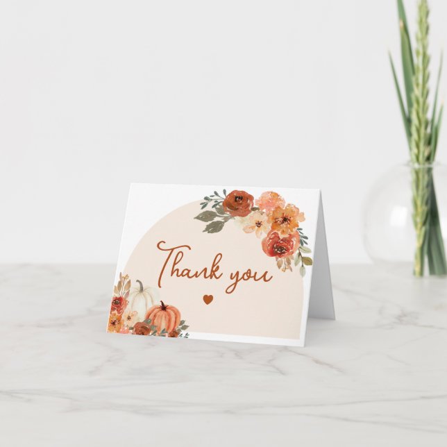 Watercolor Boho Fall Pumpkin Herbst Flora Dankeskarte (Vorderseite)