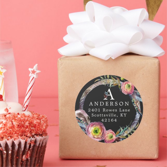 Watercolor Boho Feather Wreath Monogram-Adresse Runder Aufkleber (Party)