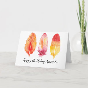 Watercolor Boho Feathers - Custom Birthday Card Karte