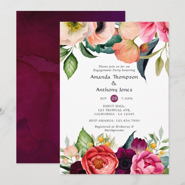 Watercolor Boho Floral Engagement Party Einladung (Vorne/Hinten)