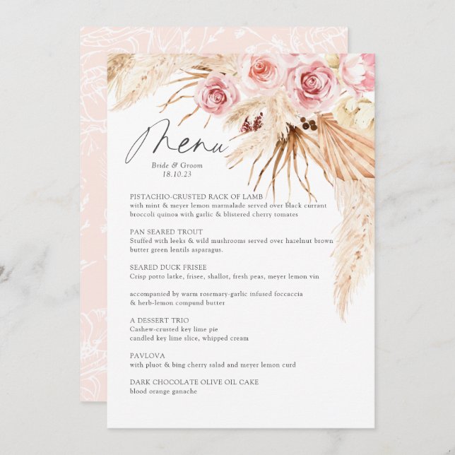 Watercolor Boho Floral Pampas Gras Wedding Menükarte (Vorne/Hinten)