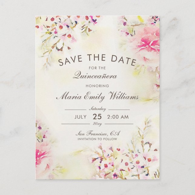 Watercolor Boho Floral Qinceanera Save the Date Ankündigungspostkarte (Vorderseite)