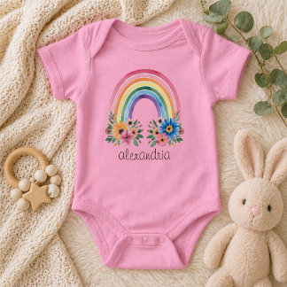 Watercolor Boho Floral Rainbow  Baby Strampler