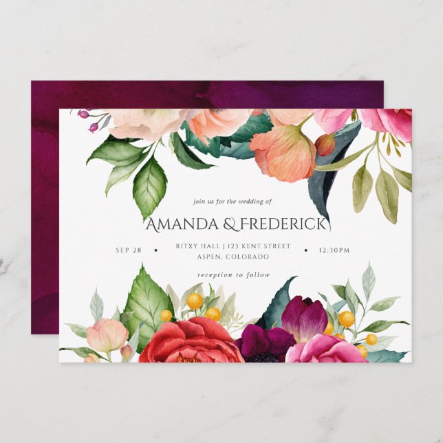Watercolor Boho Floral Wedding Einladung (Vorne/Hinten)