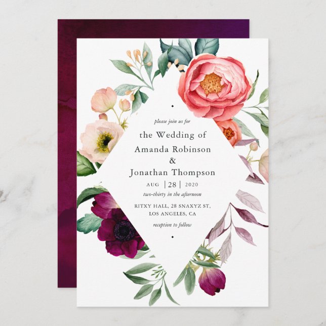 Watercolor Boho Floral Wedding Einladung (Vorne/Hinten)