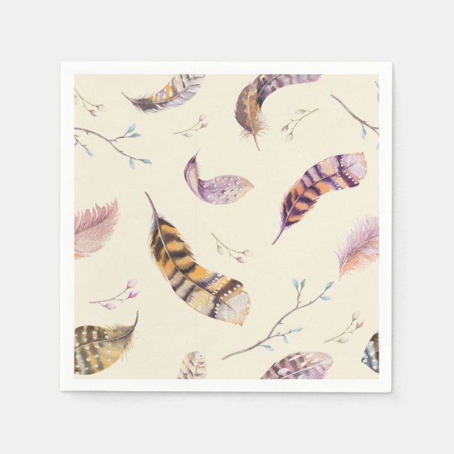 Watercolor Boho Natur Rustikale Federn Serviette (Vorderseite)