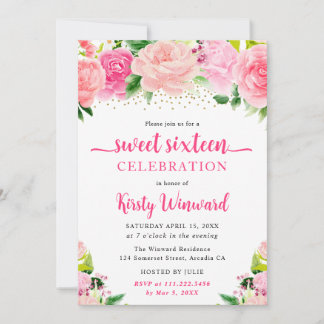 Watercolor Boho Pink Summer Blume 16 . Geburtstag Einladung