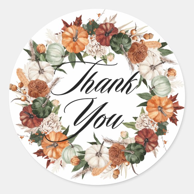 Watercolor Boho Pumpkins Wreath Herbst Danke Runder Aufkleber (Vorderseite)