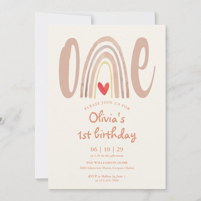 Watercolor Boho Rainbow Heart 1st Birthday Einladung (Vorderseite)