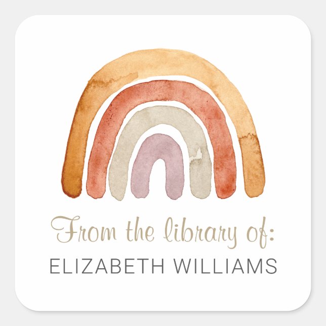Watercolor Boho Rainbow Personalisiertes Buchzeich Quadratischer Aufkleber (Vorderseite)