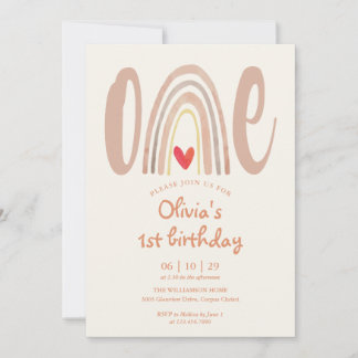 Watercolor Boho Regenbogen Herz 1. Geburtstag Einladung