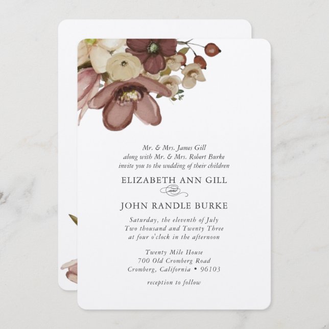 Watercolor Boho Rose & Neutral Wedding Einladung (Vorne/Hinten)
