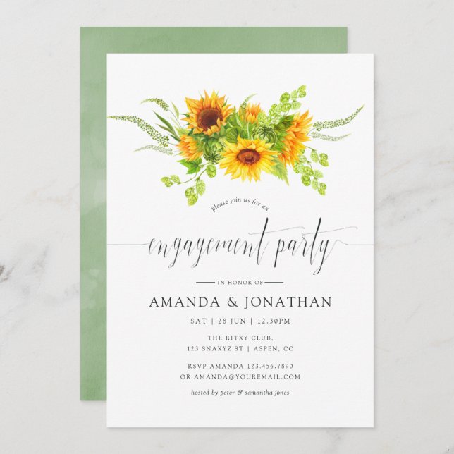 Watercolor Boho Sunflowers Engagement Party Einladung (Vorne/Hinten)
