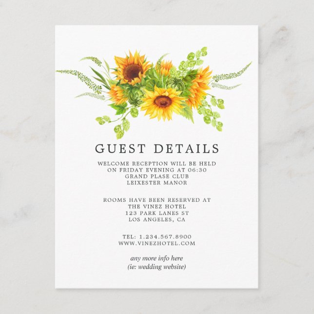 Watercolor Boho Sunflowers Hochzeitgästen Details Begleitkarte (Vorderseite)