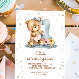 Watercolor Boho Teddy Bear 1. Geburtstag Einladung