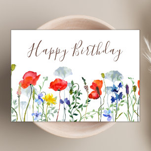 Watercolor Boho Wildblume Poppies Happy Birthday Karte