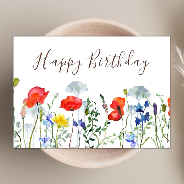Watercolor Boho Wildblume Poppies Happy Birthday Karte (Von Creator hochgeladen)