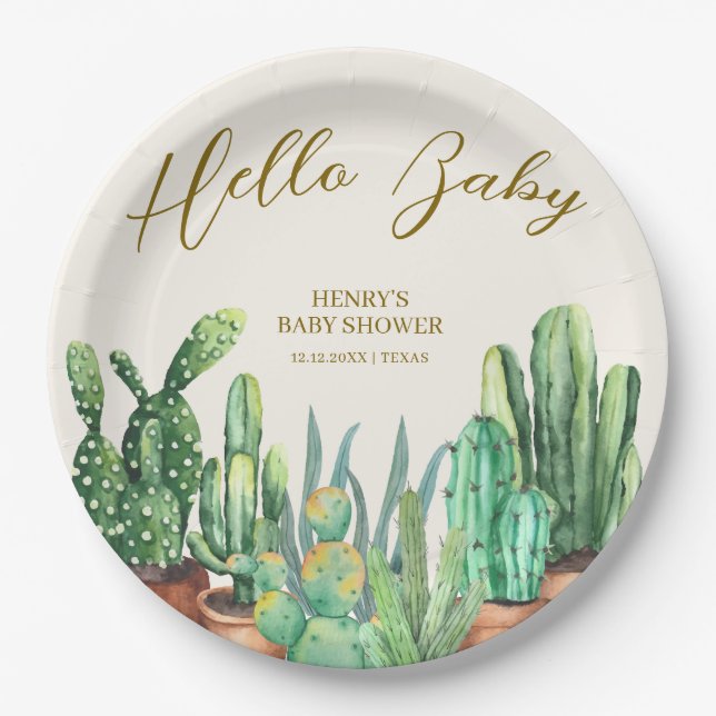 Watercolor Boho Wüste Cactus Garden Baby Dusche Pappteller (Vorderseite)