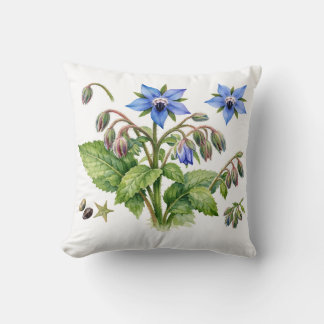 Watercolor Borage Herb Flowers and Leaves Kissen