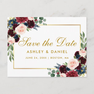Watercolor-Bordeaux-Blau-Blumen-Save-the-Date Gold Ankündigungspostkarte