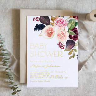 Watercolor-Bordeaux-Blumen-und-Feigen-Baby-Shower Folieneinladung
