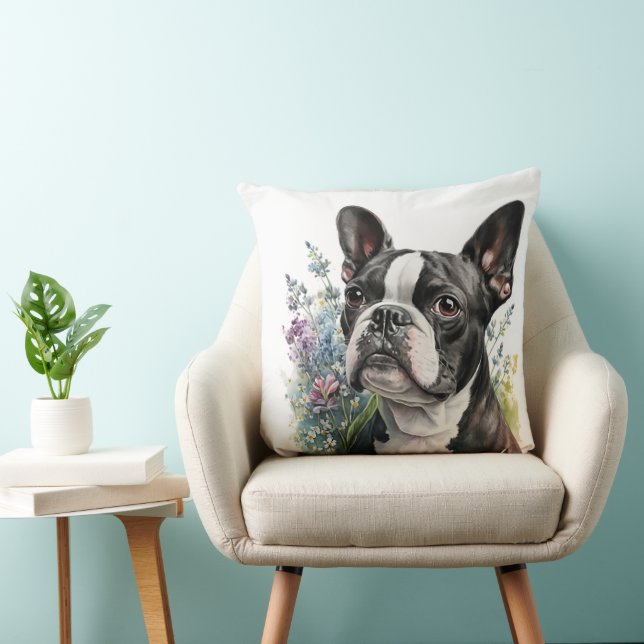 WATERCOLOR BOSTON TERRIER HUND MIT BLUME KISSEN (Stuhl )