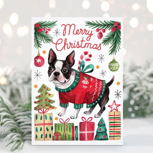 Watercolor Boston Terrier Weihnachtskarte Feiertagskarte